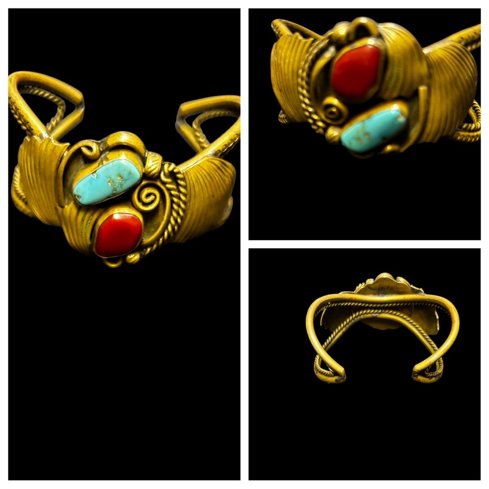 Vintage-Woman’s Style Brass Cuff Bracelet with Turquoise & Red Stone Acce